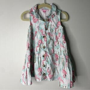 Ruffle Butts Button-front Shirt Dress Green Pink Flamingoes Print 18-24 Months